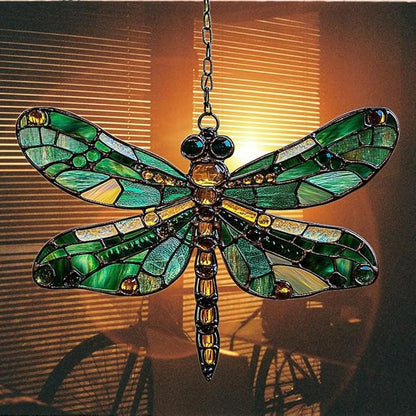 Emerald Faux Mosaic Dragonfly Acrylic Suncatcher Stained Glass Effect Window Car Hanging Christmas Ornament Indoor Outdoor Decor Garden Sun Catcher Panel for Dragonfly Lover for Women Mom Grandma