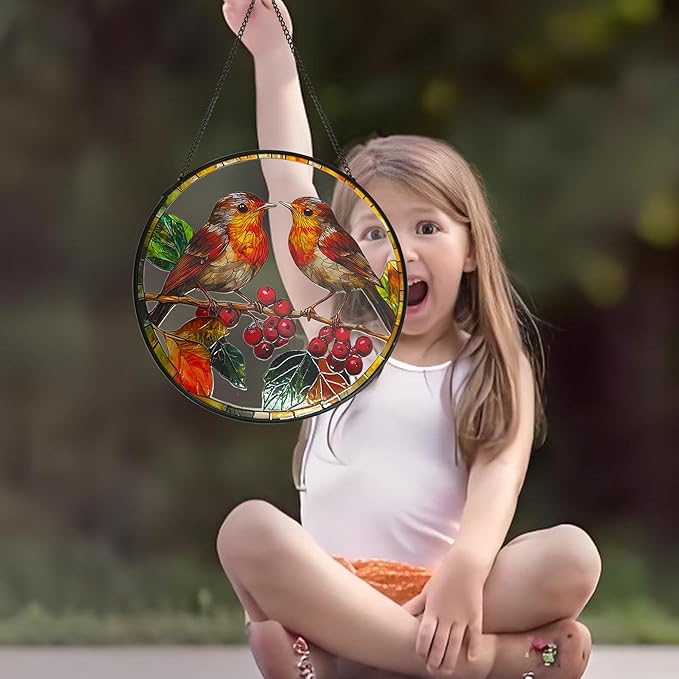 Robins Sun Catcher Stained Glass Window Hanging Suncatcher Indoor Window with Metal Chain, Birds Gifts for Women Mom Bird Lovers