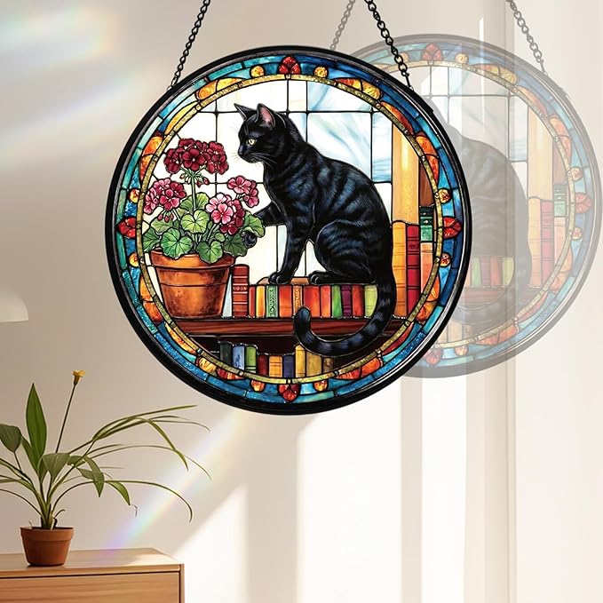 Stained Glass Window Hanging, Black Cat Themed Stained Glass Suncatcher, Window Decor, Black Cat Design Decorative Gift for Women, Couples, Best Friend, Family, Colleague, Classmate 7.8 Inch
