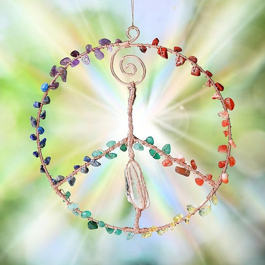 Siifert 6 Inches Crystal Winding Peace Sign Sun catcher, Metal Peace Sign Wall Decor Art Rose Gold Life Crystal Stone Sun catcher Window Car Wall Art Hanging Decorations for Home Office Decor Ornament