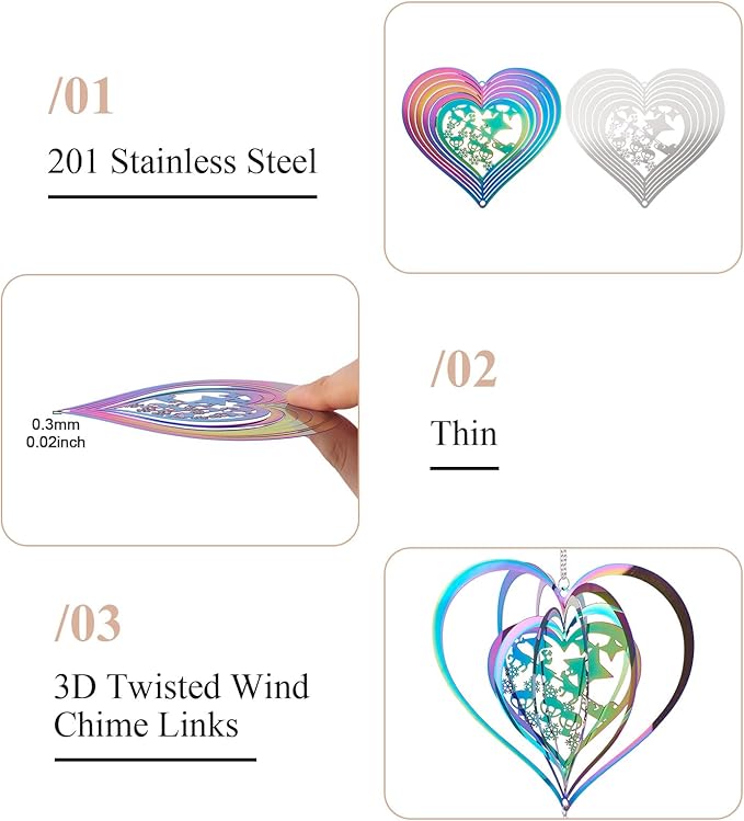 Heart Wind Spinners Outdoor 3D Gradient Twisted Wind Chimes Stainless Steel Etched Metal Embellishments for Christmas Outside Hanging Decor Yarn Home Party Decor 2Pcs