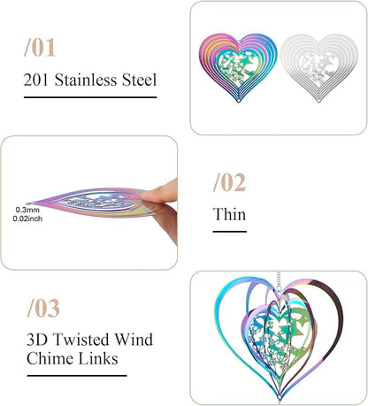 Heart Wind Spinners Outdoor 3D Gradient Twisted Wind Chimes Stainless Steel Etched Metal Embellishments for Christmas Outside Hanging Decor Yarn Home Party Decor 2Pcs