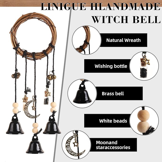 Witch Bells for Door Knob for Protection Hanging Bell Wind Chimes Handmade Decorative Bell for Boho Home Room Witchy Decor(Black)