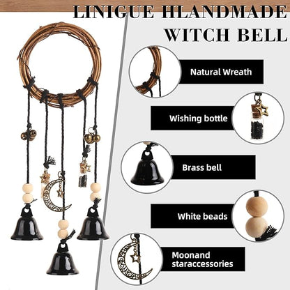 Witch Bells for Door Knob for Protection Hanging Bell Wind Chimes Handmade Decorative Bell for Boho Home Room Witchy Decor(Black)