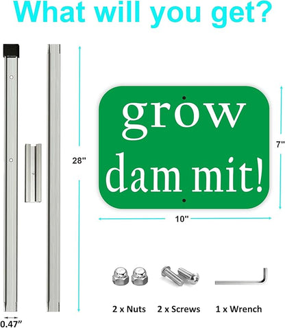 Grow Dammit Garden Signs with 28-inch metal stake, 10x7inch Metal Garden Stakes Decor Sign, Funny Gardening Gifts for Women Men and Gardeners,Green,1Pack