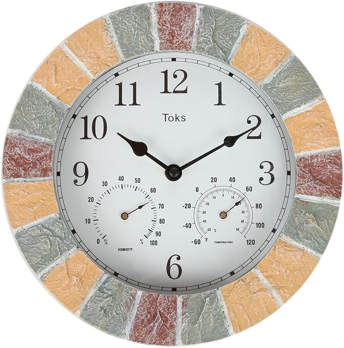 Lily's Home Hanging Wall Clock, Includes a Thermometer and Hygrometer and is Ideal for Indoor and Outdoor Use, Faux-Stone (10 Inches)