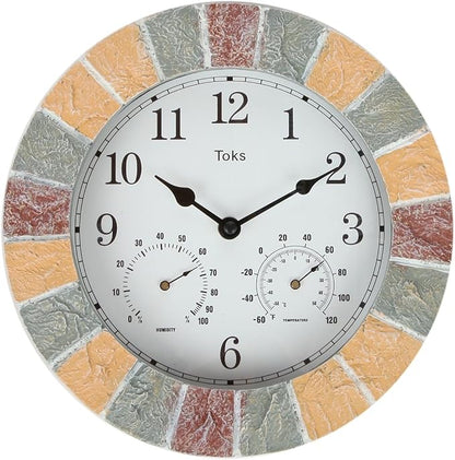 Lily's Home Hanging Wall Clock, Includes a Thermometer and Hygrometer and is Ideal for Indoor and Outdoor Use, Faux-Stone (10 Inches)