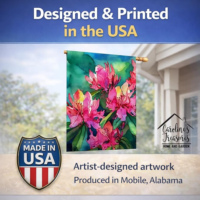 Caroline's Treasures West Virginia Rhododendrons in Watercolor House Flag Large Porch Sleeve Pole Decorative Outside Yard Banner Artwork Wall Hanging, Polyester, House Size, Multicolor