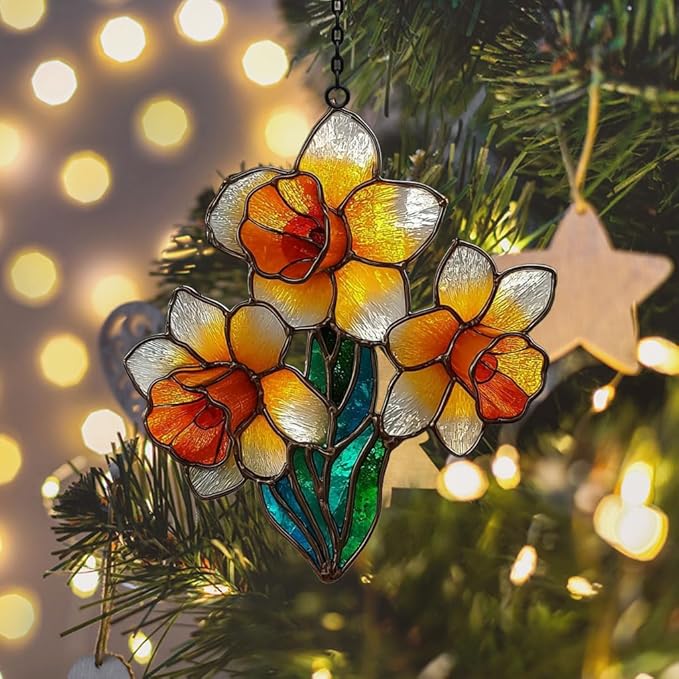 Daffodil Faux Mosaic Style Acrylic Suncatcher Stained Glass Effect Window Car Hanging Christmas Ornament Indoor Outdoor Decor Garden Sun Catcher Panel for Floral Lover for Women Mom Grandma