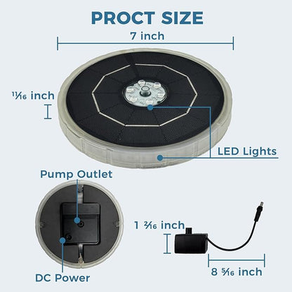 Solar Fountain for Bird Bath with Colorful LED Lights, Floating Solar Fountain, 3W Solar Powered Water Fountain Pump with Strong Spray & 5 Nozzles for Garden, Pond, Pool, 23 LED Lights