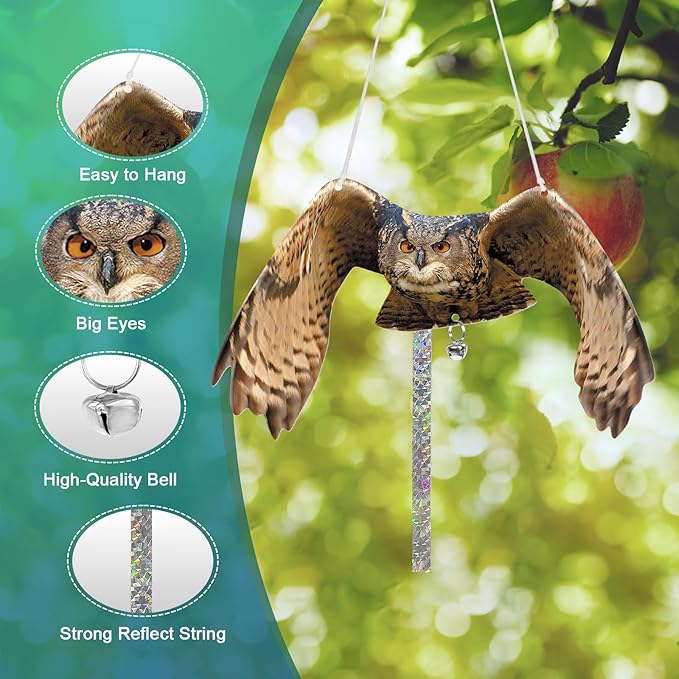Owls to Keep Birds Away: 2 Pack Fake Owls with Reflective Tape for Garden Patio Tree, Bird Scare Reflective Hanging Decoration to Keep Birds Pigeon from Windows Tree Garden
