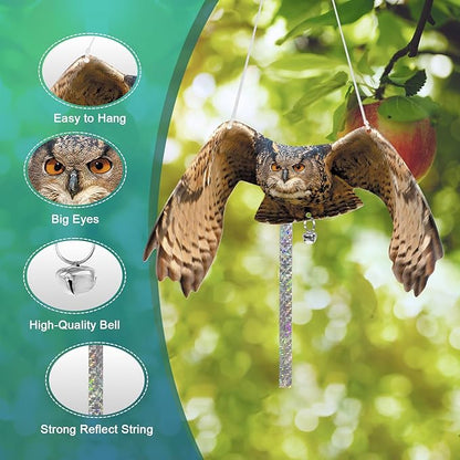 Owls to Keep Birds Away: 2 Pack Fake Owls with Reflective Tape for Garden Patio Tree, Bird Scare Reflective Hanging Decoration to Keep Birds Pigeon from Windows Tree Garden