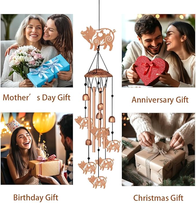 Metal Wind Chimes for Outside, Pig Style Hanging Waterproof Aluminum Windchimes with Hook for Outdoor Garden Patio Porch Decor, 33“ Memorial Wind Chimes Friendship Gifts for Women