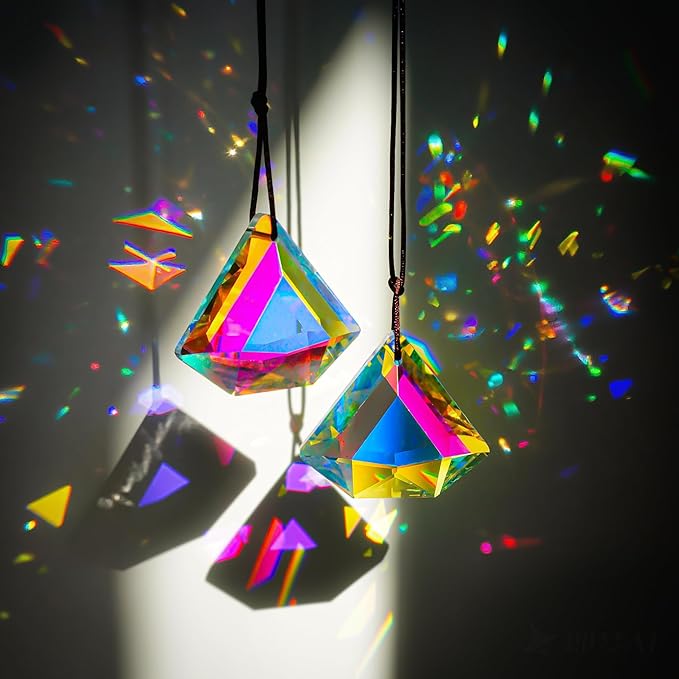 H&D HYALINE & DORA 1.9" Crystal Prisms Sun Catcher Set of 2 AB Colored Suncacther Indoor Window Prisms Suncatcher,Hanging Crystals for Windows Home Garden Decor