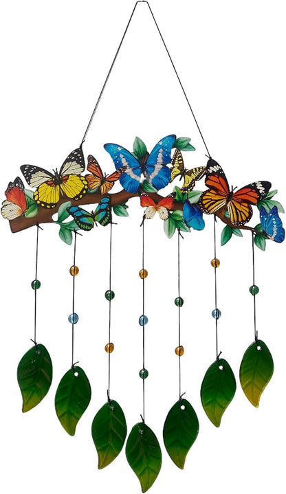 Butterfly Wind Chimes Outdoor - Colorful Metal & Glass Leaves Hanging Decor for Garden, Yard, Porch