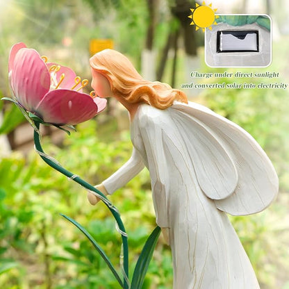 Fairy Garden Statue Outdoor Decor, Solar Powered Garden Sculptures Fairy Resin Statues Waterproof Pink Flower Solar LED Lights Yard Art Decorations for Outside Patio Lawn Decor