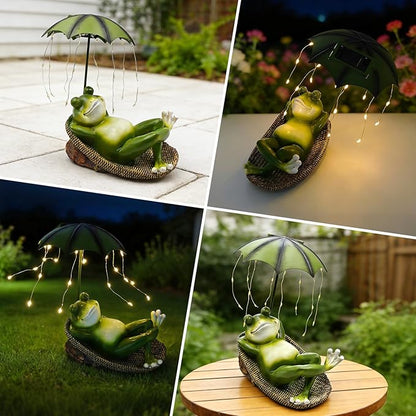 Solar Frog with Umbrella Statue - LED Solar Powered Garden Decor, Auto On/Off Waterproof Resin Outdoor Sculpture for Patio, Yard, Pond, Unique Gardening Gifts for Women & Mom