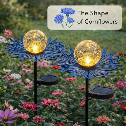Solar Lights Outdoor Garden Decor, Metal Flower Crackle Glass Globe Solar Stake Lights, Waterproof LED Yard Decorations for Patio, Lawn, Pathway, Landscape Gifts for Women Mom(Blue)