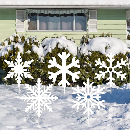 5 Pcs Winter Snowflake Yard Signs Metal Snowflake Yard Stakes White Winter Wonderland Decorations Decorative Christmas Lawn Signs for Indoor Outdoor Garden Lawn Holiday Party Decor