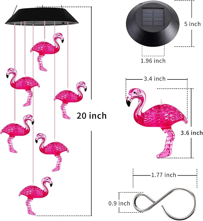 Solar Wind Chimes Flamingo,Birthday Gifts for Mom Grandma Dad, IP65 Waterproof Memorial with 7 Color Changing LED Lights, Outdoor Decor Garden Yard Decorations