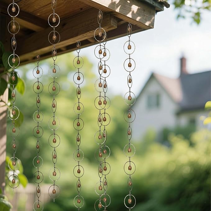 Faux Copper Bell and Ring Rain Chain for Gutters and Downspouts Decorative Hanging Metal Rain Catcher Chain, Rustic Farmhouse Patio, Pergola & Backyard Decor