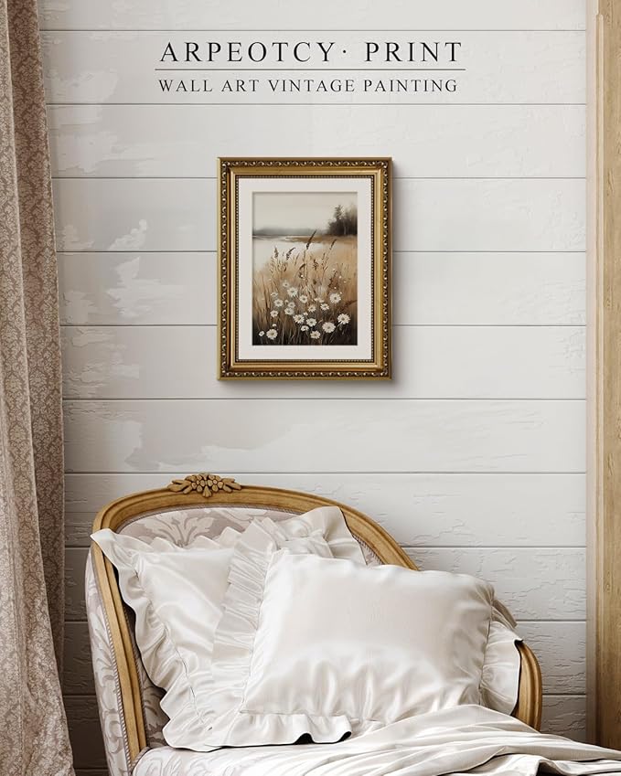 ARPEOTCY Vintage Gold Framed Wall Art, Wildflower Field Paintings, Floral Aesthetic Canvas Picture Prints Artwork with Frame, Classical Victorian Wall Decor for Living Room Bathroom Bedroom 11x14 inch