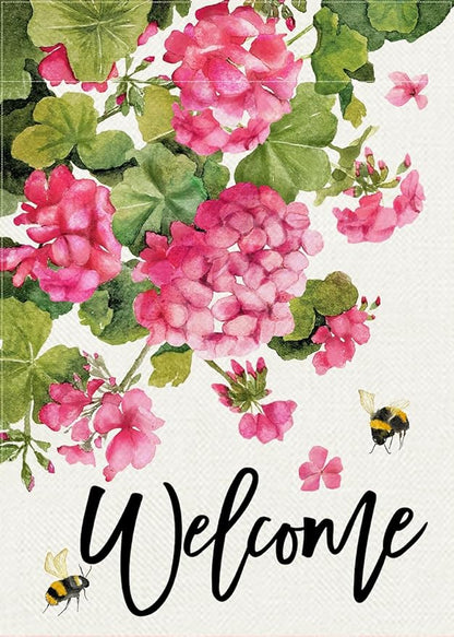 Welcome Spring Summer Geranium Decorative Garden Flag, Pink Floral Flowers Bees Yard Outside Decorations, Seasonal Burlap Outdoor Small Home Decor Double Sided 12 x 18