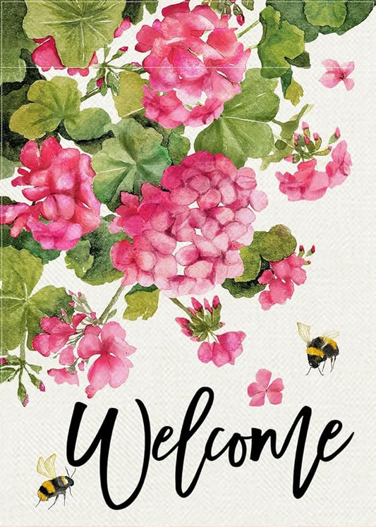Welcome Spring Summer Geranium Decorative Garden Flag, Pink Floral Flowers Bees Yard Outside Decorations, Seasonal Burlap Outdoor Small Home Decor Double Sided 12 x 18