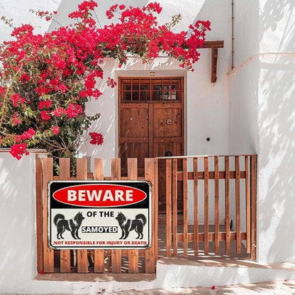 Beware Of The Dog Samoyed Sign Aluminum Metal Tin Signs Outdoor Yard Sign Warning Sign For Fence Yard Home Kitchen Farm Garden Wall Decor 8x12 Inch