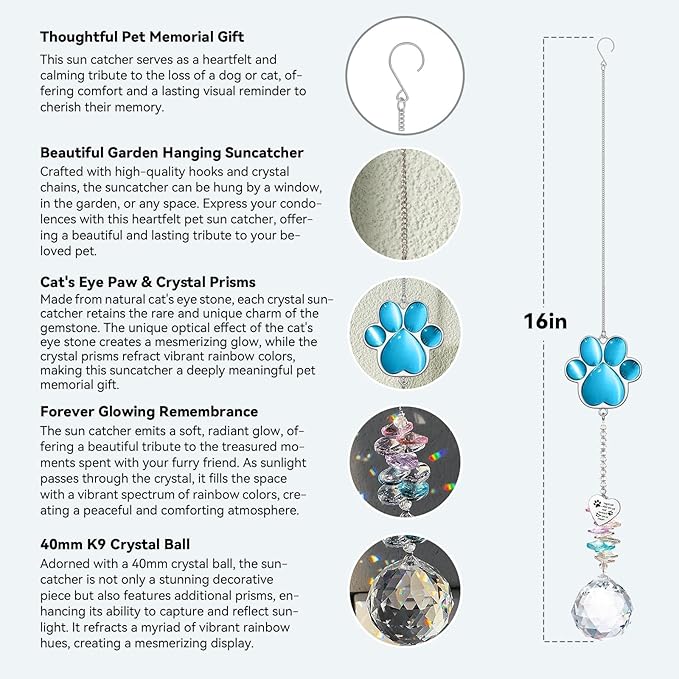 Dog Memorial Gifts for Loss of Dog, Pet Memorial Gifts for Dogs, Thoughtful Bereavement Remembrance Crystal Suncatcher with Sympathy Card (Lake Blue)
