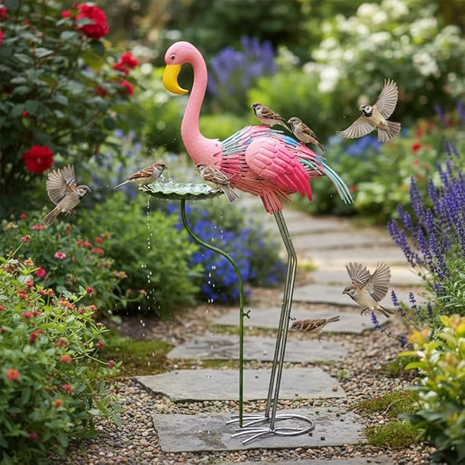 Large Flamingo Garden Statue, Metal Pink Flamingo Outoor Statue with Leaf Tray, Lawn Flamingos Ornaments Bird Art Yard Decor for Garden, Backyard, Present for Woman(38.58 Inch Tall)