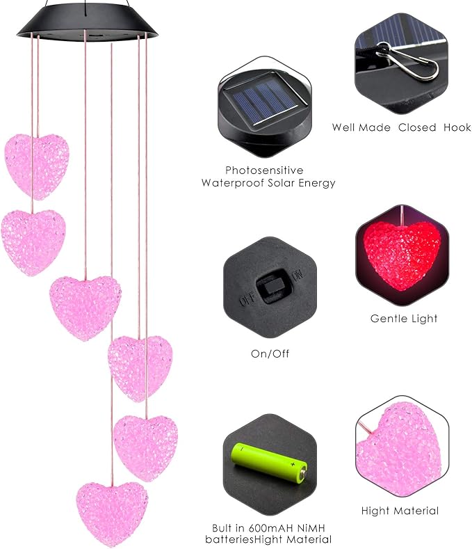 PACETAP Heart Solar Wind Chimes Outdoor Decorations, Valentine's Day Waterproof LED Color Changing Lights, Outside Yard Mobile Wind Chime Decor for Mom Grandma Women Wife Sister