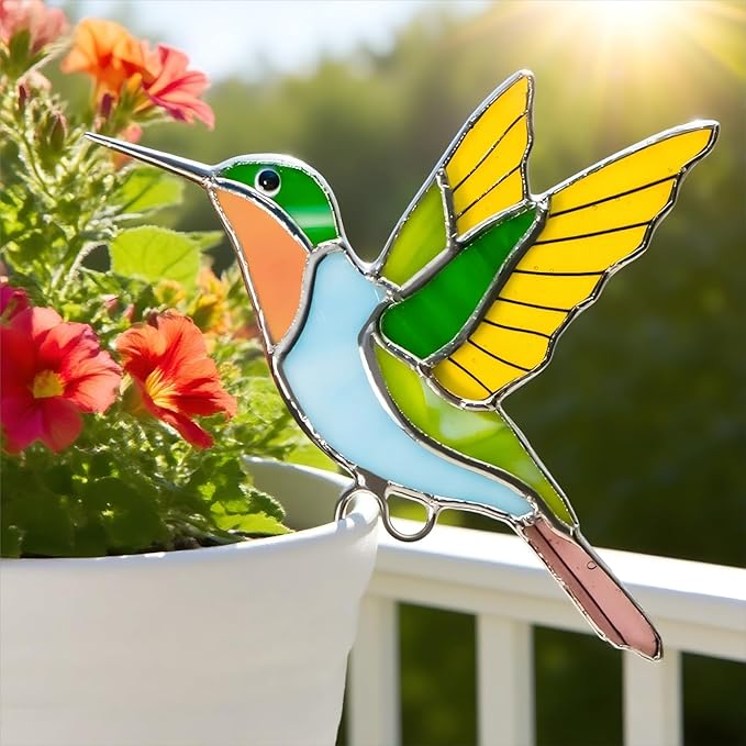 Stained Glass Hummingbird Gifts for Women, Hanging Plant Planter Flower Huggers Balcony Decoration, Mothers Day Birthday Gifts for Mom Grandma from Daughter Son, Bird Lover Plant Pots Accessories