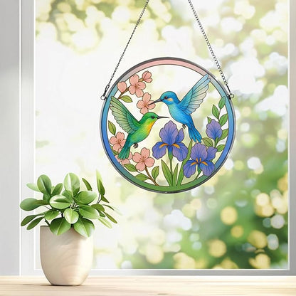 Hummingbird Stained Glass Suncather for Window Hanging, 6.3'' Hummingbird Ornament Gift for Women, Nature-Inspired Wall Art Home Decor Gifts for Mom, Grandma (Green & Blue, 6.3'')