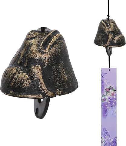 Japanese Wind Chime Cast-Iron Outdoor Ornament for Garden, Patio & Balcony, Hanging Metal Wind-Bell Decoration Gift, Blessing Pendant Windchimes & PVC Wind-Catcher, Bronze Frog
