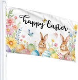 Happy Easter Flag with Bunnies and Eggs, 3x5 FT, Polyester with Metal Grommets, Spring Floral Butterfly Design, Double Sided, Indoor Outdoor Decoration