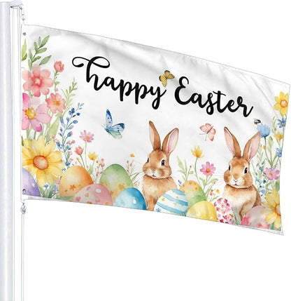 Happy Easter Flag with Bunnies and Eggs, 3x5 FT, Polyester with Metal Grommets, Spring Floral Butterfly Design, Double Sided, Indoor Outdoor Decoration