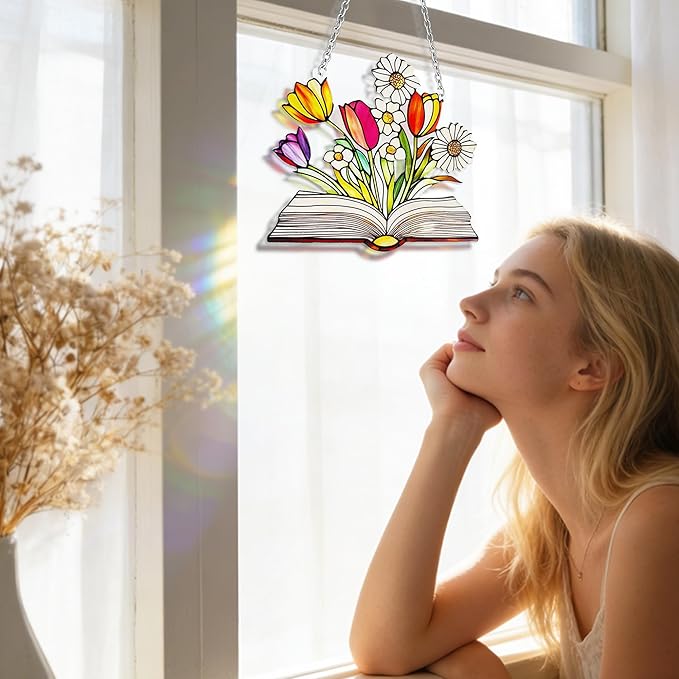 Stained Glass Book for Windows, bookand Flower Hanging Sun Book Indoor Window, Theme Birthday Gifts for hummingbirding Lovers