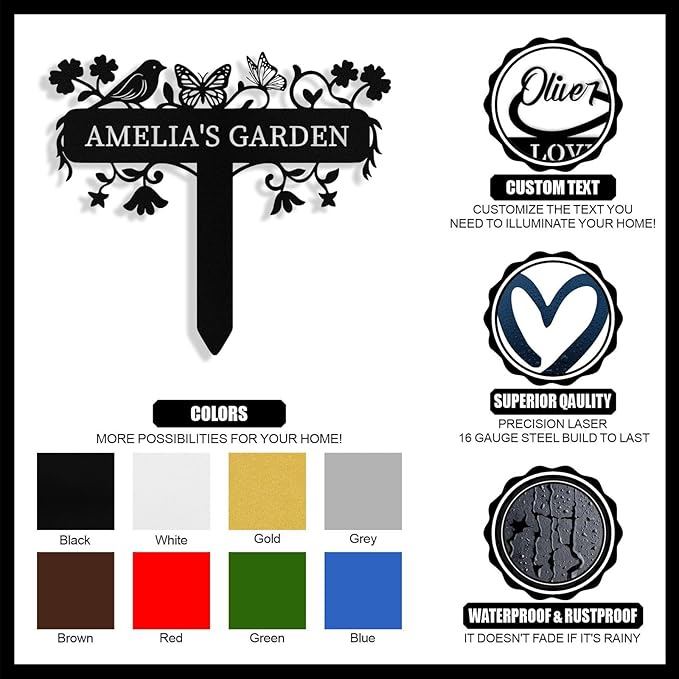 Personalized Metal Garden Signs with Stake, Custom Garden Signs for Outside Waterproof, Customized Name Sign Yard Lawn Gardens Decor Gardening Gifts for Moms Grandmas Gardeners