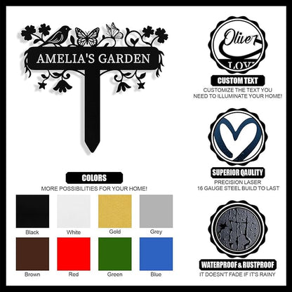 Personalized Metal Garden Signs with Stake, Custom Garden Signs for Outside Waterproof, Customized Name Sign Yard Lawn Gardens Decor Gardening Gifts for Moms Grandmas Gardeners