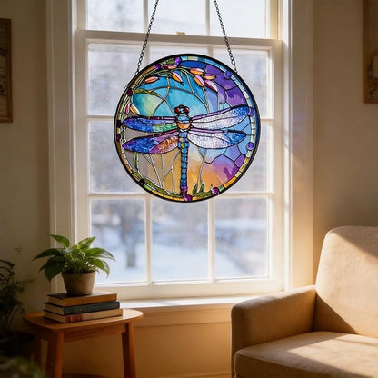 Stained Glass Sun Catcher,Dragonfly Glass Window Hanging Garden Decor,Sun Catchers Indoor Window,Whimsical Decoration for Home Backyard Patio Lawn Porch with 9.8 INCH