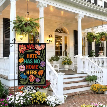 Hate Has No Home Here Black Garden Flag, 12 x 18 Inch Double Sided Protest Themed Decor Flag for Outdoor Garden Yard Porch, Social Justice Gifts for Equality Supporter, Diversity Welcome Sign