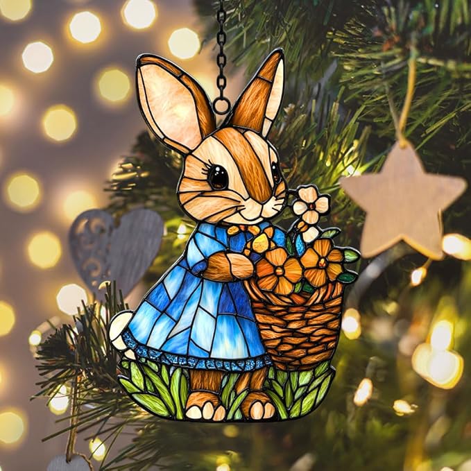 Whimsical Bunny Mosaic Warm Floral Acrylic Suncatcher Stained Glass Effect Window Car Hanging Christmas Ornament Indoor Outdoor Decor Garden Sun Catcher Panel for Easter Lover for Women Mom Grandma
