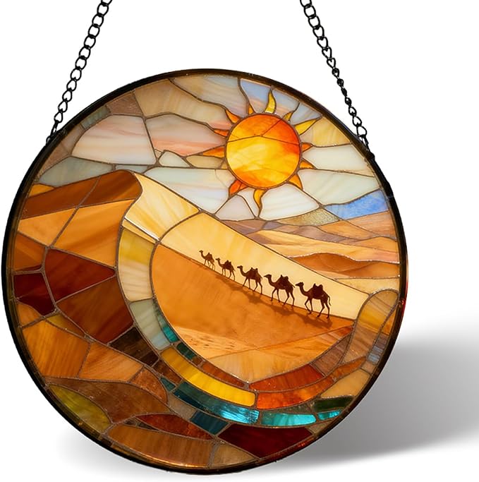 7.8 Inch Stained Glass Window Hanging Desert and Camel Suncatcher Decor for Birthday for Women, Men, Wife, Aunt, and Mom