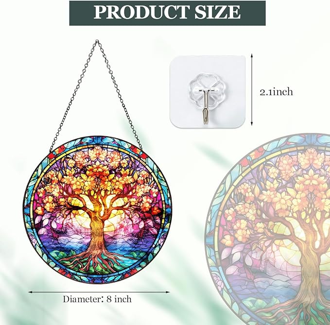 Tree of Life Stained Glass Suncatcher, Colorful Round Window Hanging with Metal Chain, Vibrant Boho Style Glass Sun Catcher Decor for Home Window or Wall