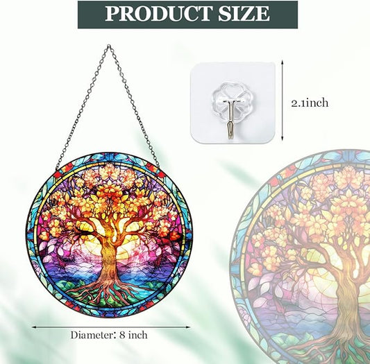 Tree of Life Stained Glass Suncatcher, Colorful Round Window Hanging with Metal Chain, Vibrant Boho Style Glass Sun Catcher Decor for Home Window or Wall