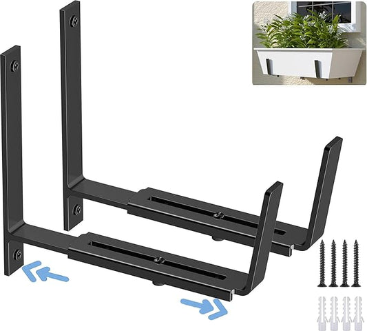 HFHOME 2 PCS Adjustable Planter Box Brackets (6 to 12.5 in), Universal Window Box Brackets, Heavy Duty Metal Flower Box Wall Mounting Hooks for Balcony, Fences, Patio, and Garden - Black