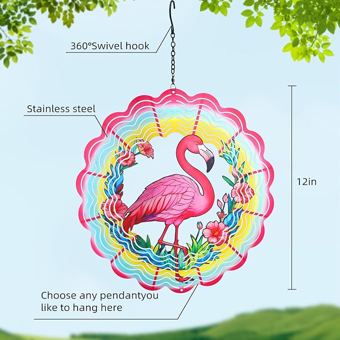 Flamingo Metal Wind Spinners Gifts for Women Mom Grandma Friends Hanging Wind Spinner Garden Decorations 12 inch 3D Kinetic Sculpture for Lndoor Spring Outdoor Decor House Yard Art Decorations