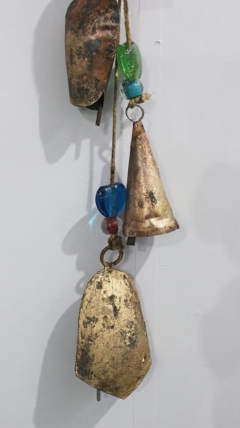 Rustic Iron Antique Style 5 Bells Hanging Wind Chime Cluster | 80 cm / 32" Length | Distressed Metal Tin Bells for Garden, Patio, Balcony, Home Decor | Soothing Sound