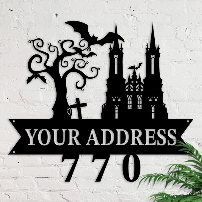 Personalized Gothic House Number metal Signs,Custom Address Number Metal Wall Art Decor,Black Plaques Outdoor wall Decorative Signage,Shed(8-30 Inches) (Castle C)